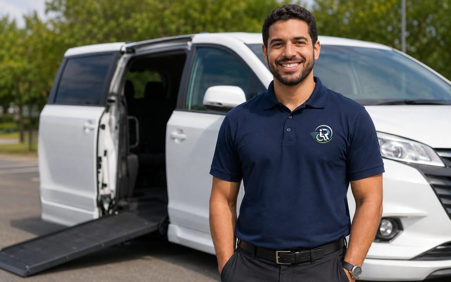 A professional driver in uniform standing beside an accessible transport van.