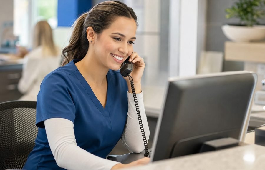 A scheduler at a clinic reception desk arranging patient transport by phone.