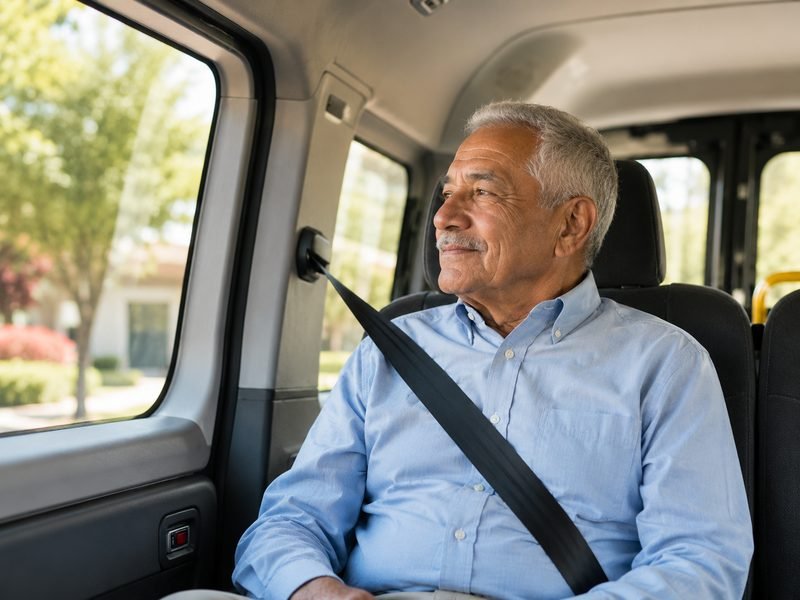 An older man riding seated and belted in the back of a medical transport van.