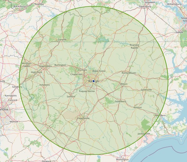 Map of North Carolina with a shaded circle marking the 100-mile
                    service area centred on Raleigh, reaching Greensboro, Fayetteville,
                    Rocky Mount, Goldsboro and Greenville.