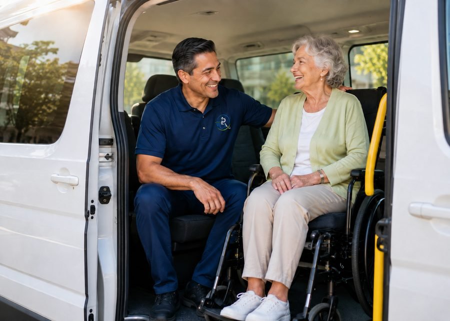 An older woman and her driver sharing a laugh in the doorway of a transport van.